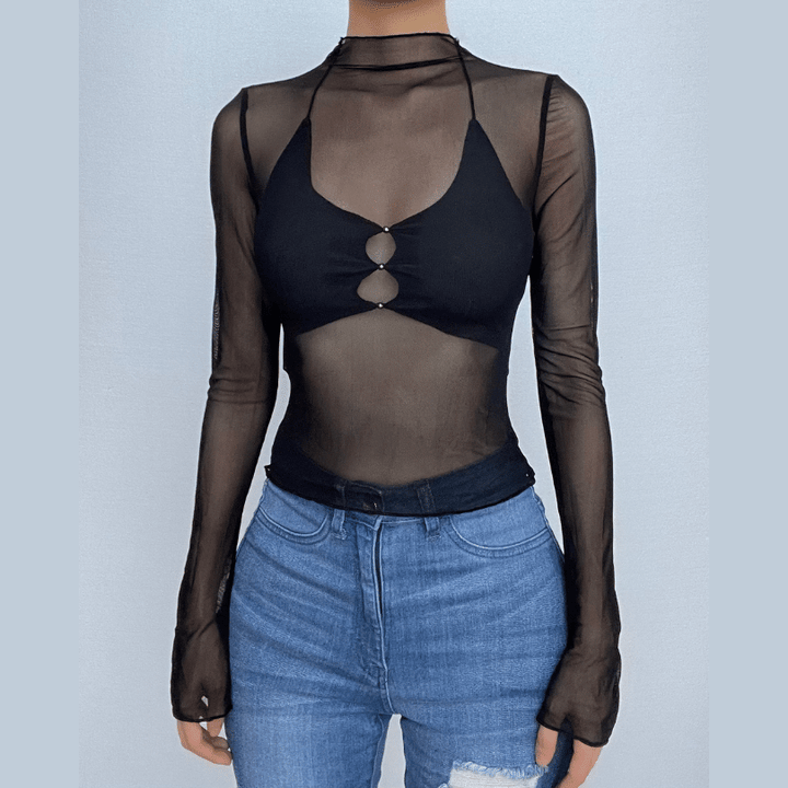 Long sleeve mesh high neck ruffle self tie solid 2 piece crop top | Mesh Long Sleeve Crop Top