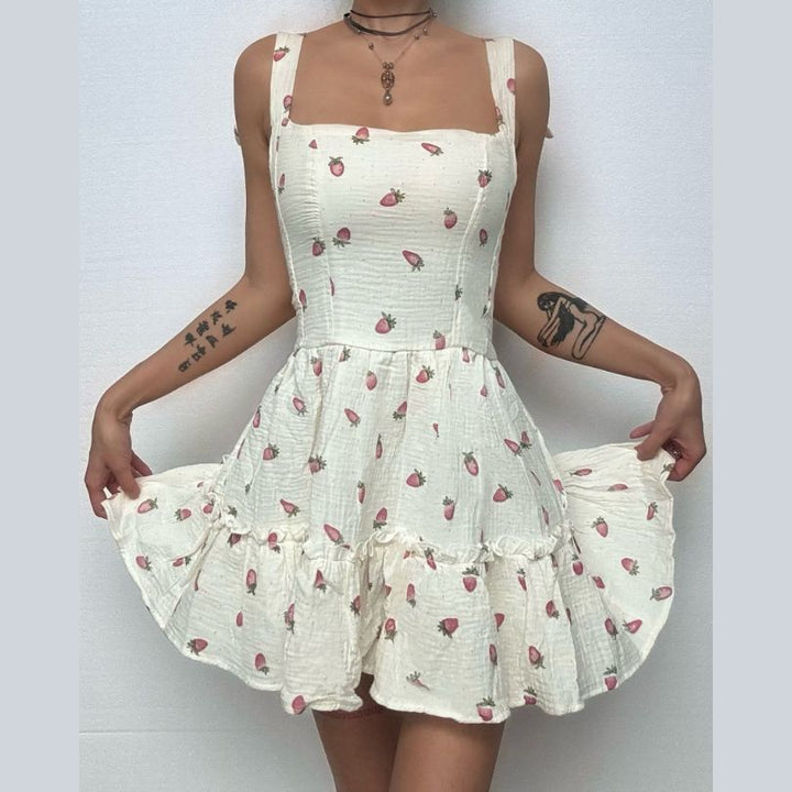 Square neck strawberry print lace up cami mini dress  | Festival Outfits Women