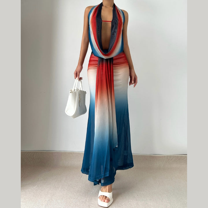 Cowl neck halter gradient backless maxi skirt set  | Festival Outfits Women