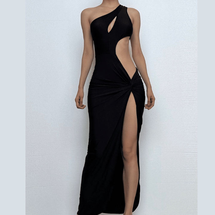 One shoulder hollow out ruched high slit cut out midi dress  | Festival Outfits Women