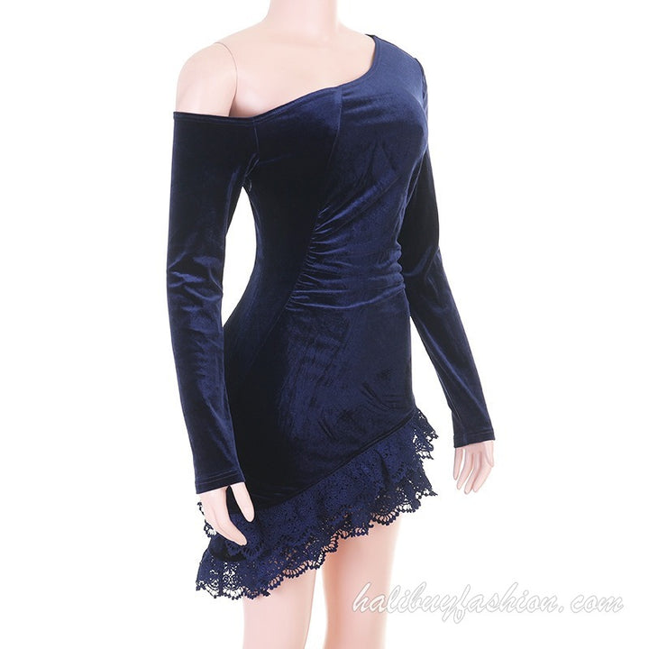One shoulder long sleeve velvet lace hem ruched mini dress - Halibuy - 15
