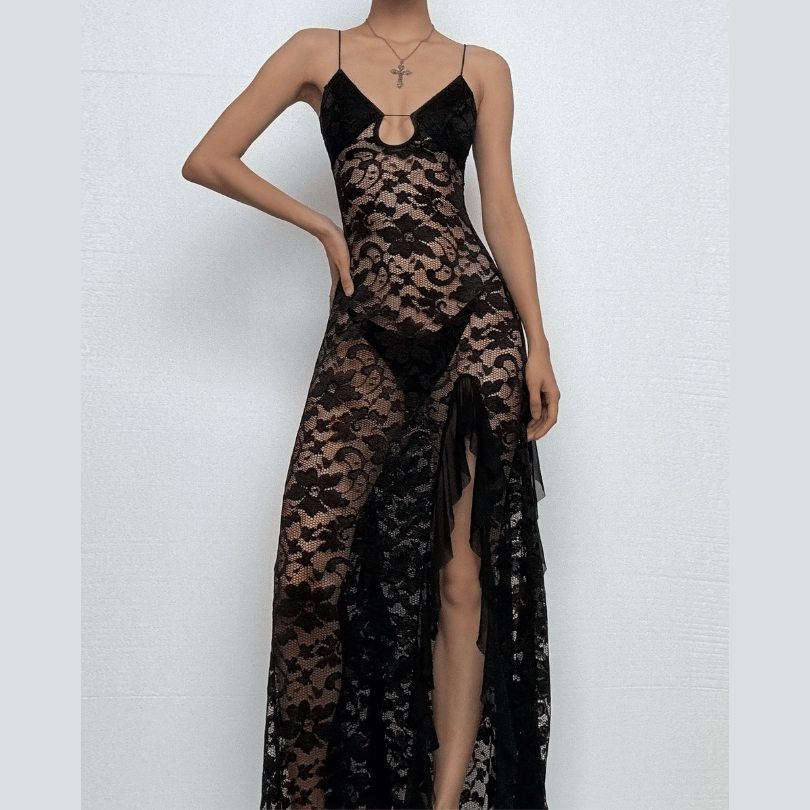 Hollow out v neck lace slit spaghetti strap cut out maxi dress  | Festival Outfits Women