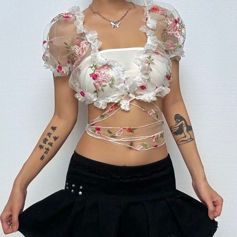 Ruffle puff sleeve embroidery mesh self tie top  | Festival Outfits Women