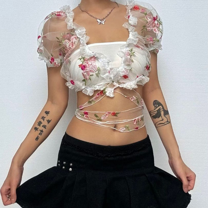 Ruffle puff sleeve embroidery mesh self tie top  | Festival Outfits Women