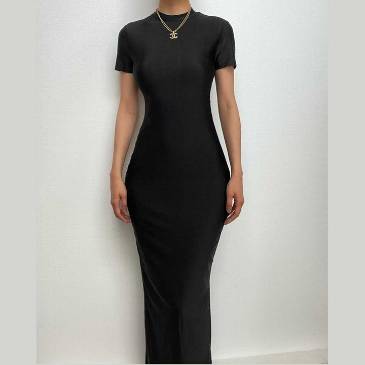 Short sleeve high neck slit solid maxi dress-final-sale  | Festival Outfits Women