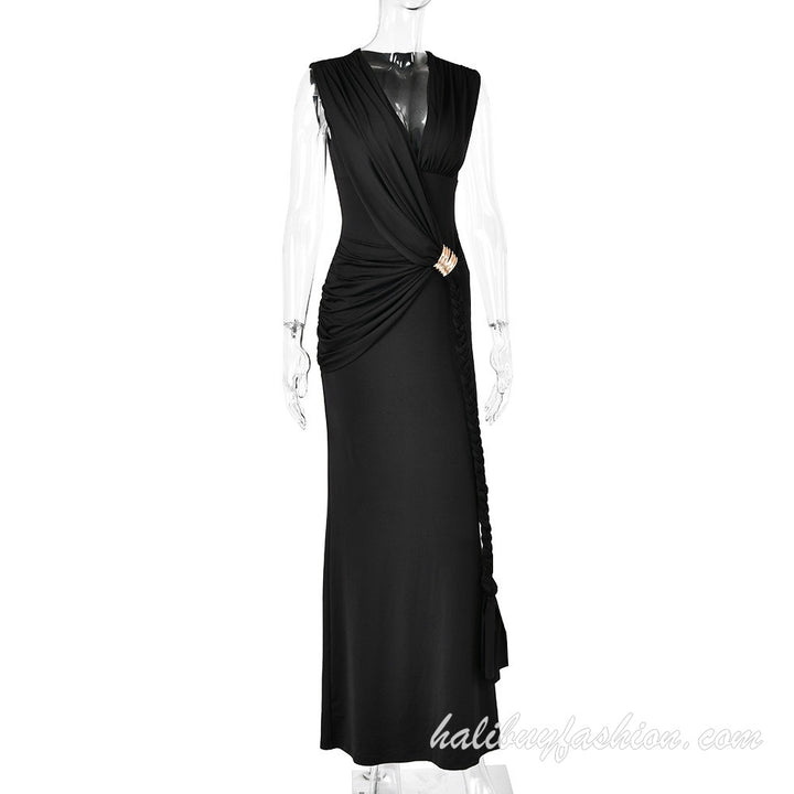 Sleeveless deep v neck solid high slit ruched drawstring maxi dress - Halibuy - 15