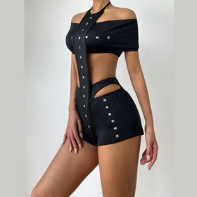Off shoulder halter self tie solid pant set  | Festival Outfits Women