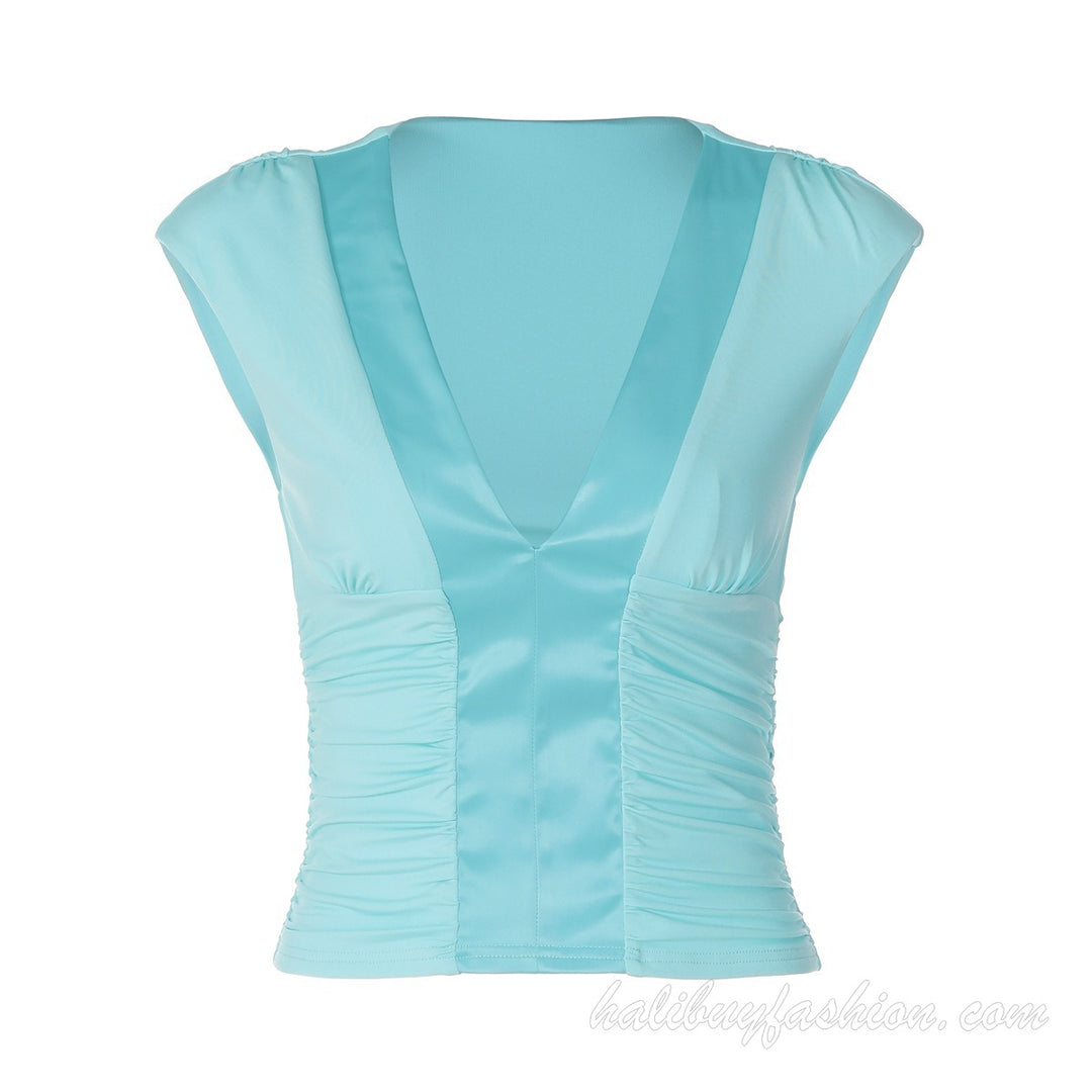 Deep v neck ruched cap sleeve solid knit top - Halibuy - 15