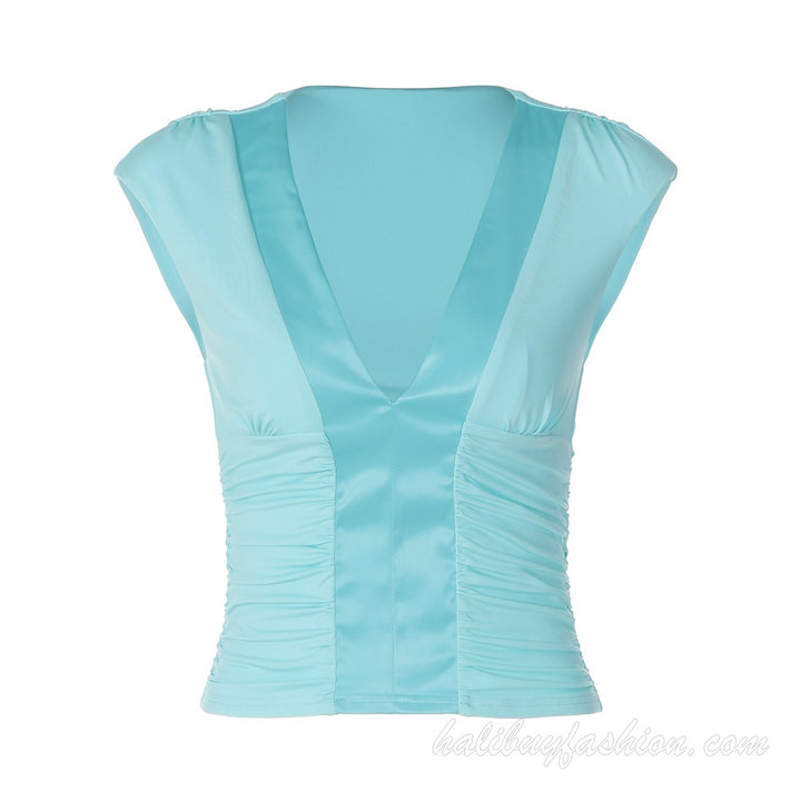 Deep v neck ruched cap sleeve solid knit top - Halibuy - 15