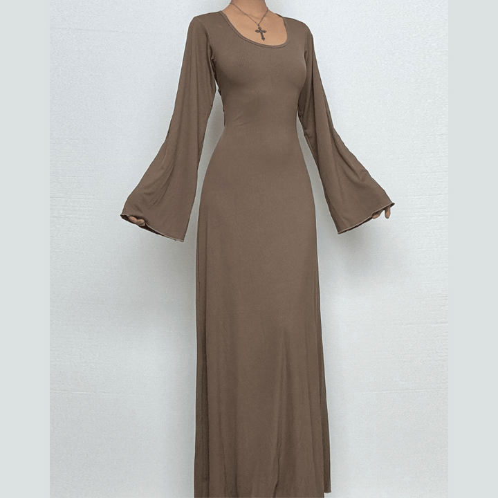 Long sleeve u neck ribbed solid maxi dress  | Festival Outfits Women