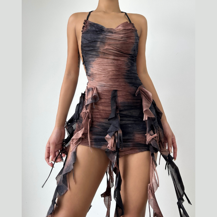 Halter backless tie dye ruffle mini dress  | Festival Outfits Women