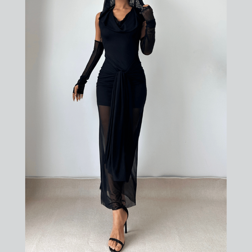 Mesh hoodie cowl neck ruched maxi dress  | Festival Outfits Women-final-sale