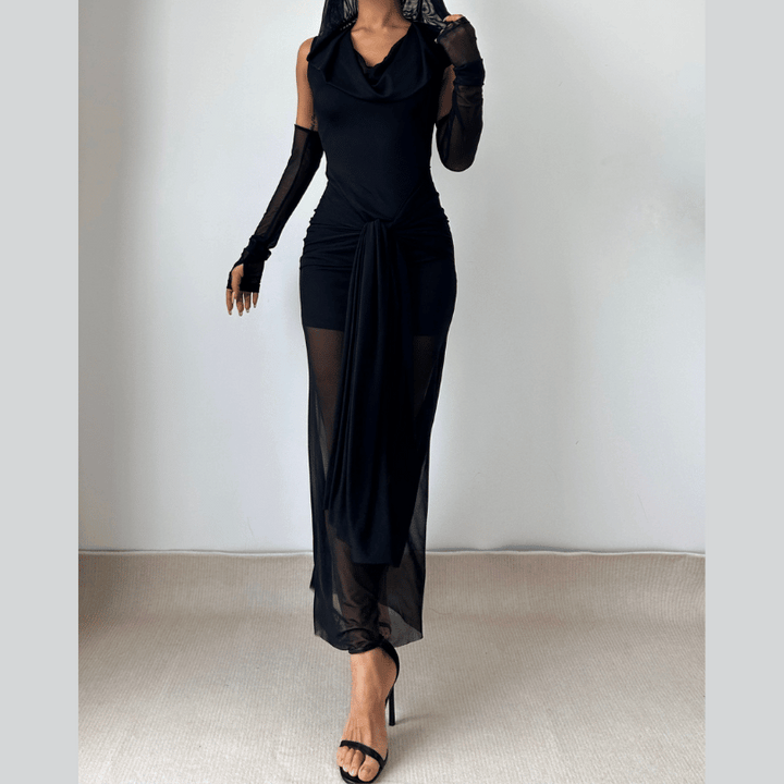 Mesh hoodie cowl neck ruched maxi dress  | Festival Outfits Women-final-sale