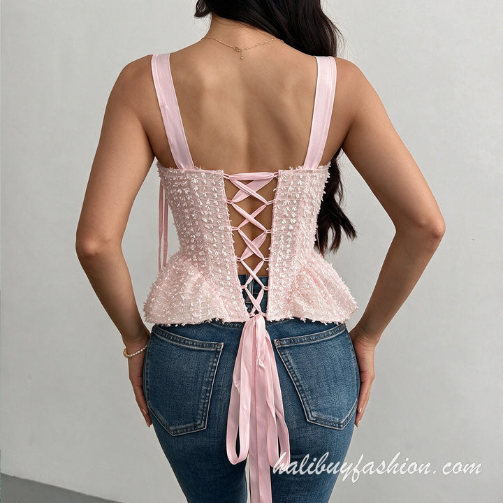 Beaded corset ruffle lace up self tie cami top - Halibuy - 15