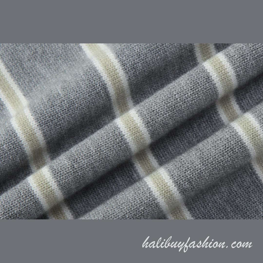 Deep v neck striped long sleeve knitted ribbed mini dress - Halibuy - 15
