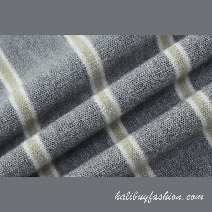 Deep v neck striped long sleeve knitted ribbed mini dress - Halibuy - 15