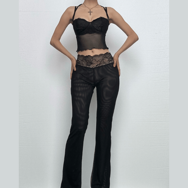 Lace mesh ruffle sweetheart neck cami pant set  | Festival Outfits Women
