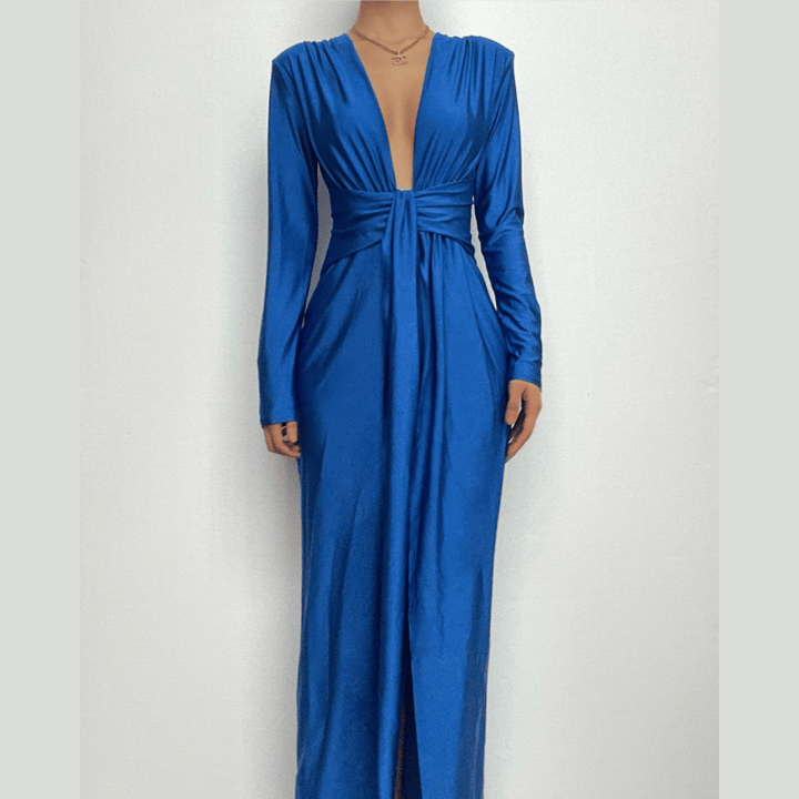 Long sleeve v neck ruched slit solid irregular maxi dress-final-sale  | Festival Outfits Women