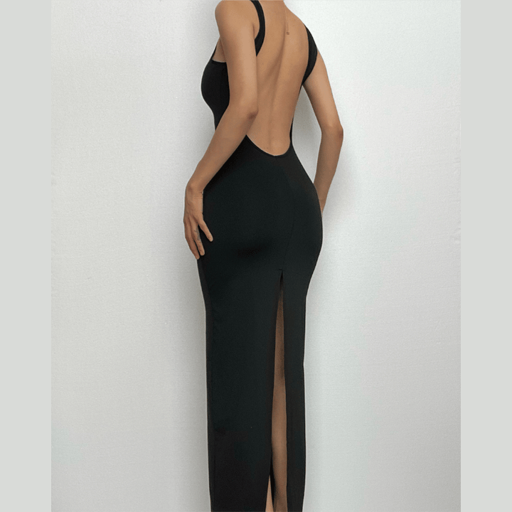 Sleeveless round neck solid backless slit midi dress-final-sale  | Festival Outfits Women