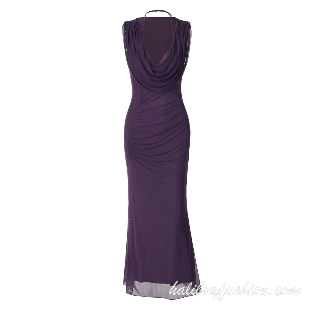 Sleeveless ruched deep v neck solid slit maxi dress - Halibuy - 15