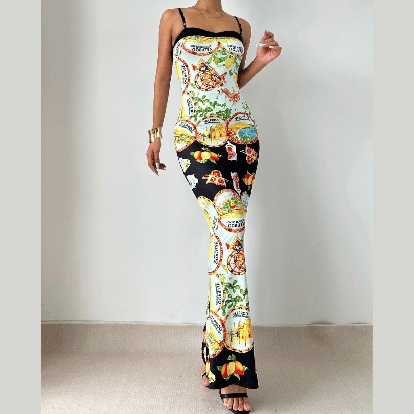 Print contrast backless cami maxi dress  | Festival Outfits Women-final-sale