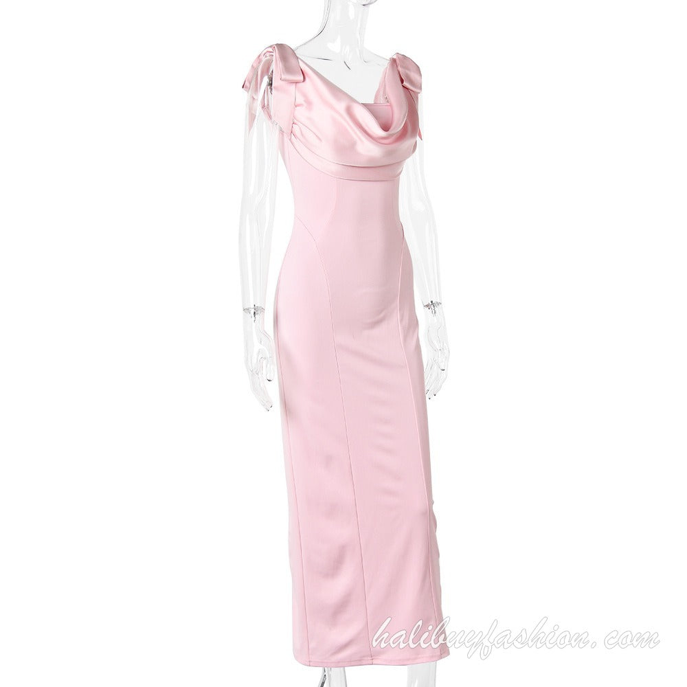 Satin cowl neck sleeveless backless bowknot high slit maxi dress - Halibuy - 15