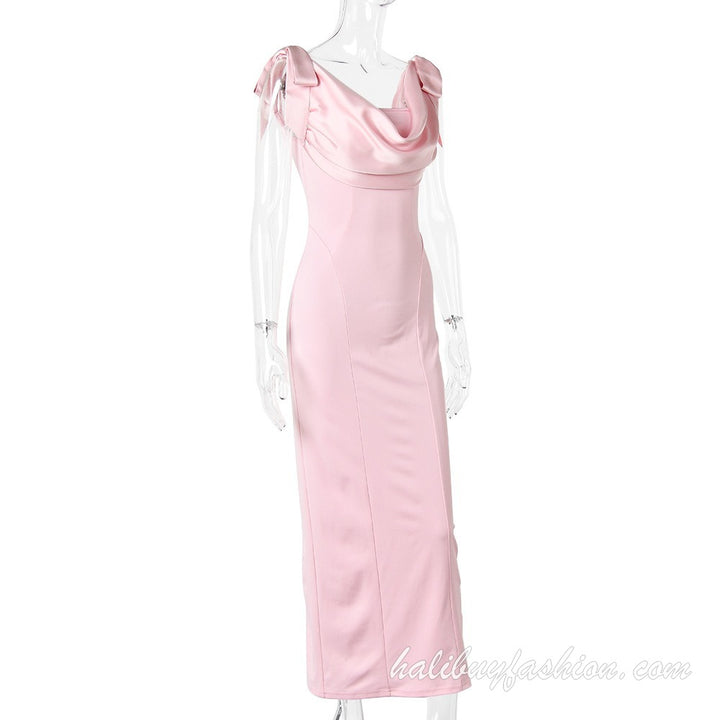 Satin cowl neck sleeveless backless bowknot high slit maxi dress - Halibuy - 15
