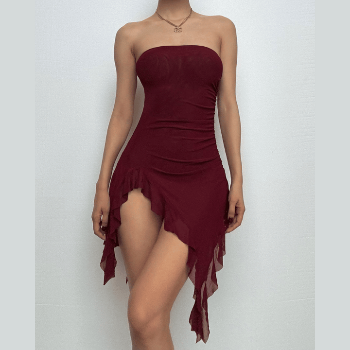 Sheer mesh ruffle ruched tube mini dress-final-sale