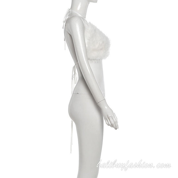 Halter fluffy backless self tie solid top - Halibuy - 15