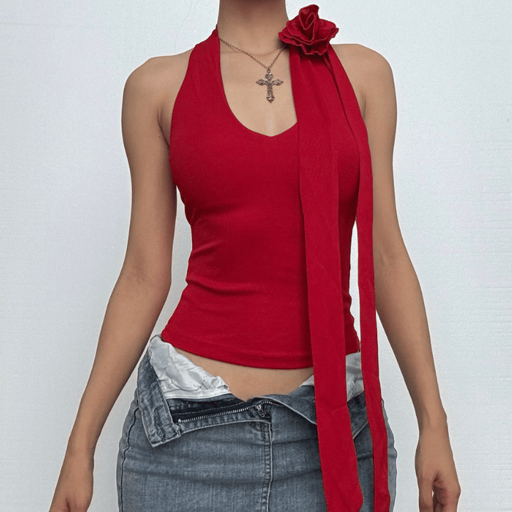Halter backless flower applique solid top  | Festival Outfits Women