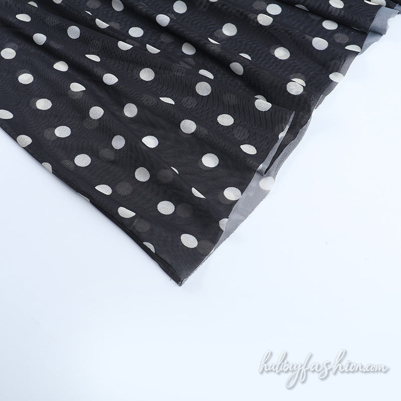 Polka dot hollow out ruched mesh cami maxi dress