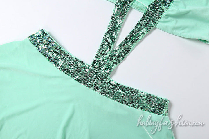 Glitter hollow out halter self tie mini dress