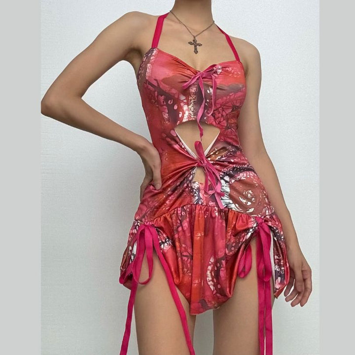 Halter self tie ruched hollow out print cut out mini dress-final-sale