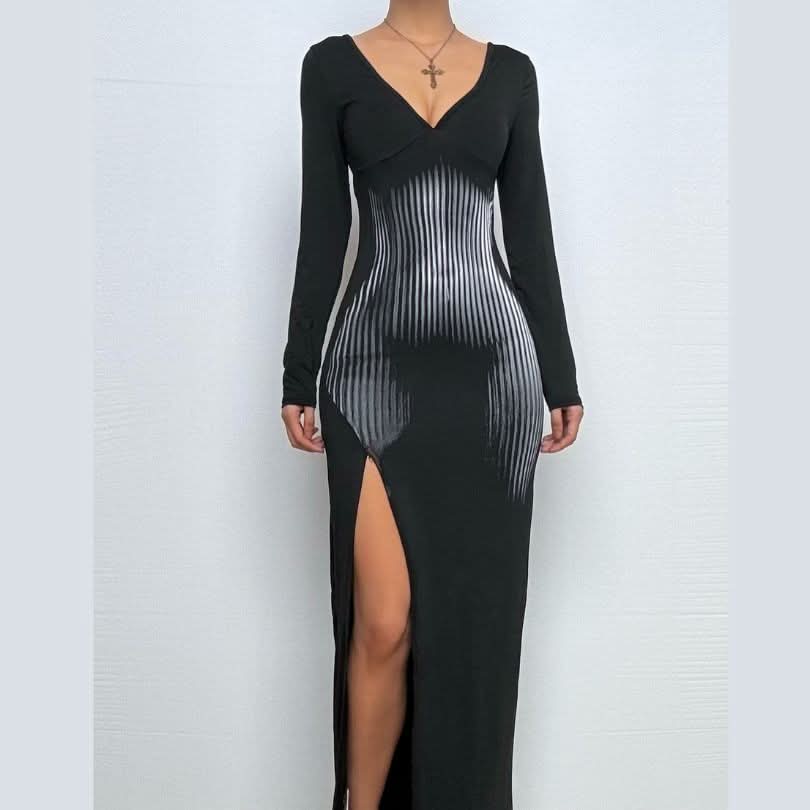 Slit long sleeve deep V neck print backless maxi dress-final-sale  | Festival Outfits Women