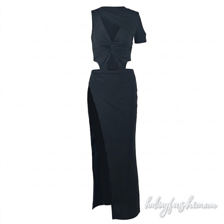 Irregular ruched hollow out slit cami maxi dress