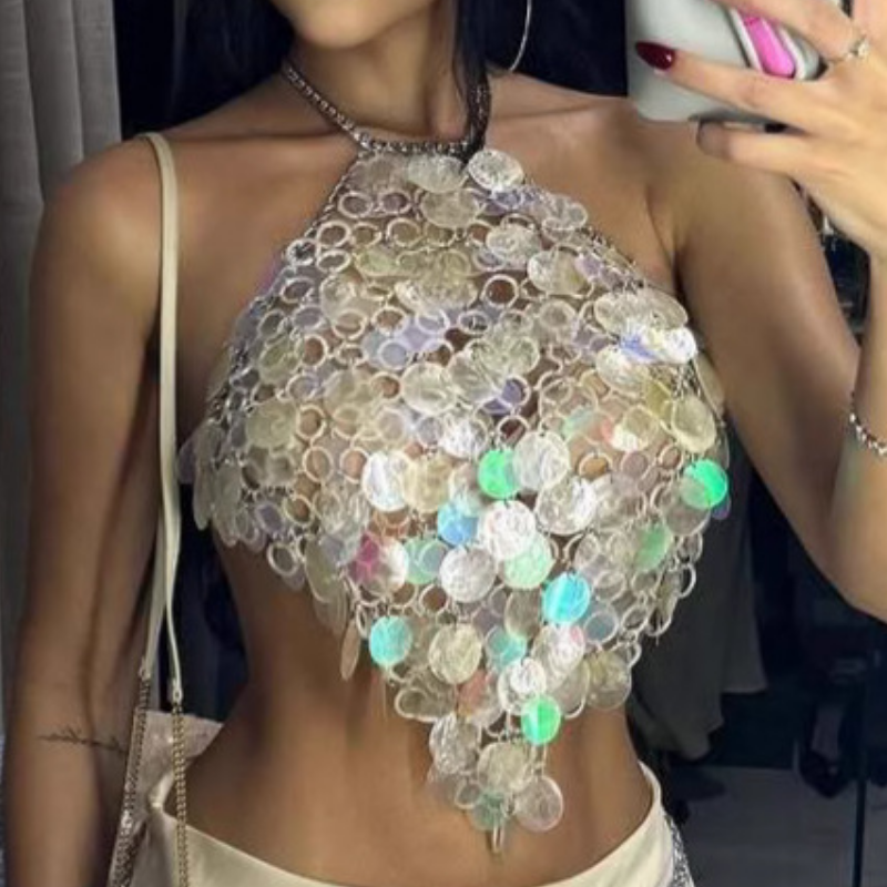 O ring glitter halter metal chain backless top  | Festival Outfits Women