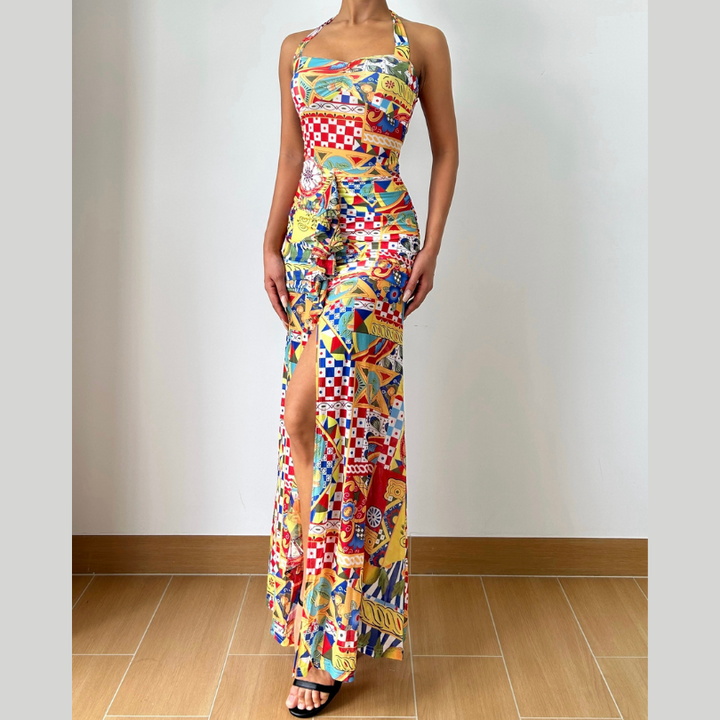 Print ruched halter self tie backless maxi dress  | Festival Outfits Women-final-sale