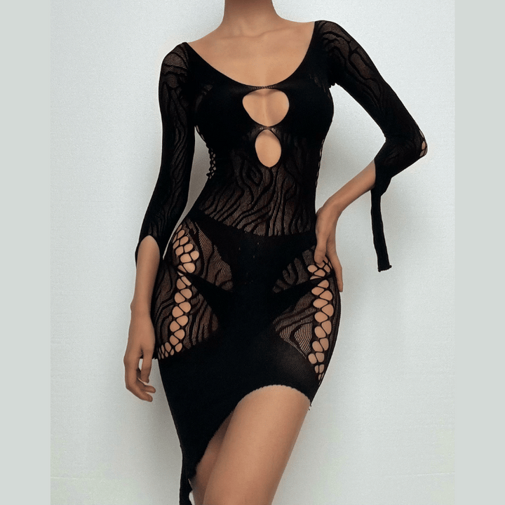 Long sleeve zebra hollow out mesh cut out mini dress  | Festival Outfits Women