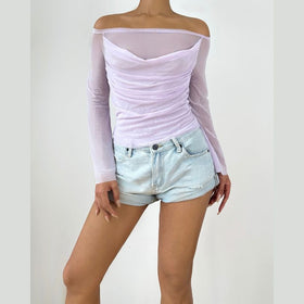 Off shoulder long sleeve mesh ruched top-final-sale