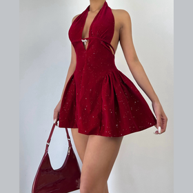 Halter deep v neck backless glitter mini dress  | Festival Outfits Women