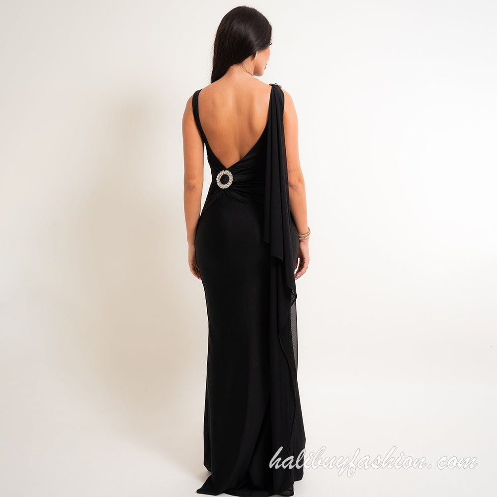 Sleeveless backless ruched solid square neck maxi dress - Halibuy - 16