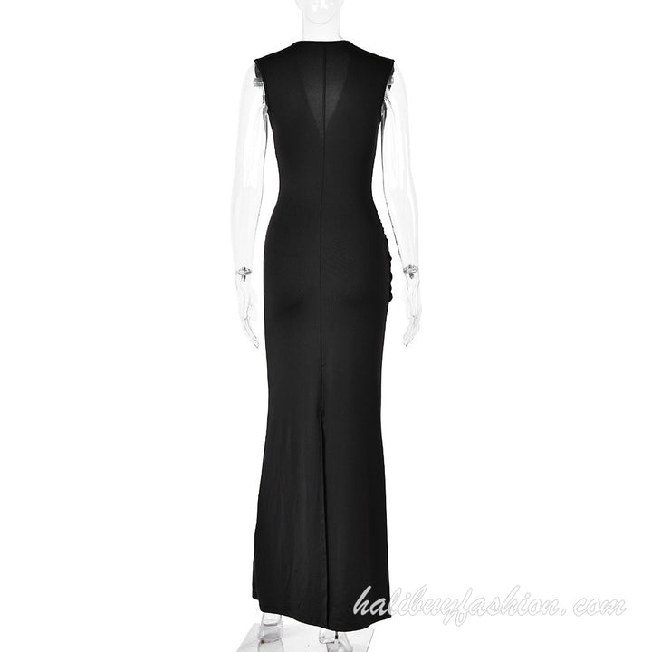 Sleeveless deep v neck solid high slit ruched drawstring maxi dress - Halibuy - 16