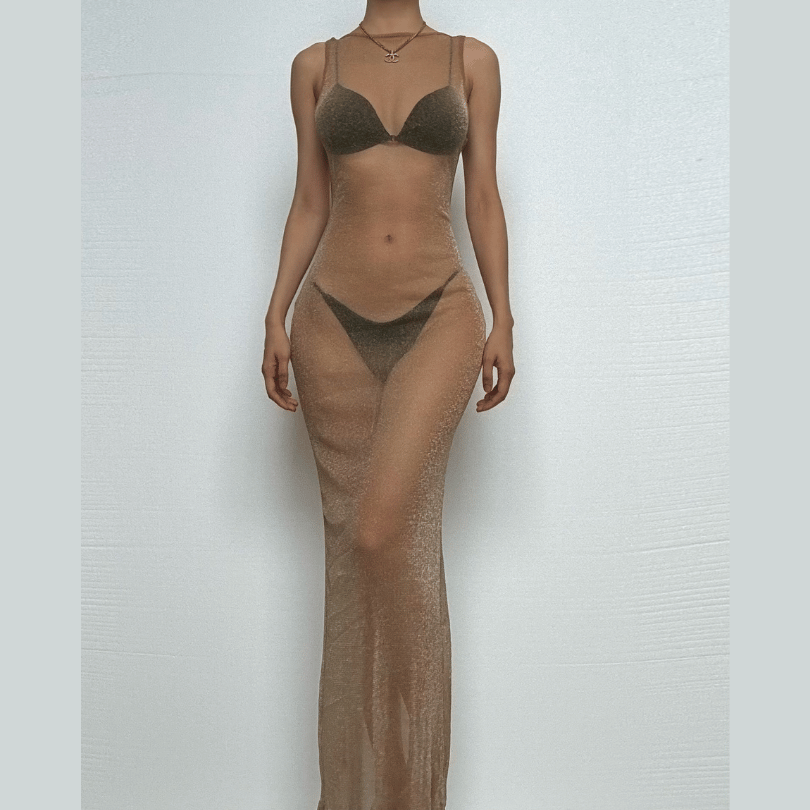 Glitter backless mesh slit maxi dress  | Festival Outfits Women