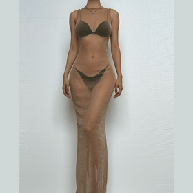 Glitter backless mesh slit maxi dress  | Festival Outfits Women