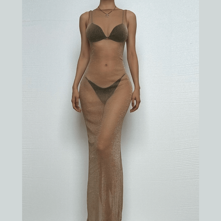 Glitter backless mesh slit maxi dress  | Festival Outfits Women