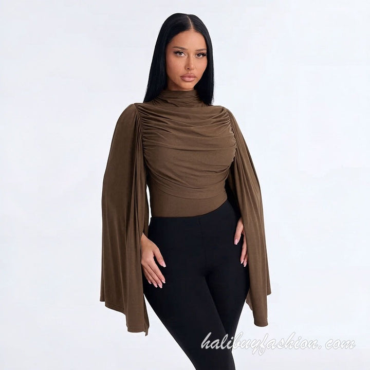 Turtle neck long flared sleeve ruched solid knit bodysuit - Halibuy - 16