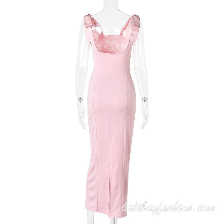 Satin cowl neck sleeveless backless bowknot high slit maxi dress - Halibuy - 16