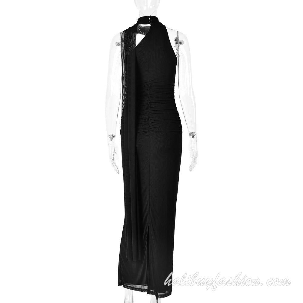One shoulder sleeveless solid ruched backless maxi dress - Halibuy - 16
