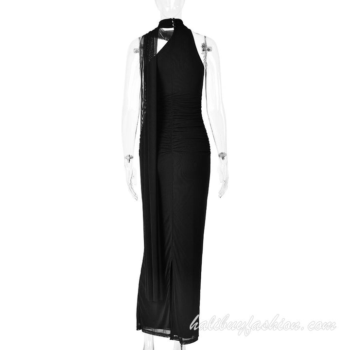One shoulder sleeveless solid ruched backless maxi dress - Halibuy - 16