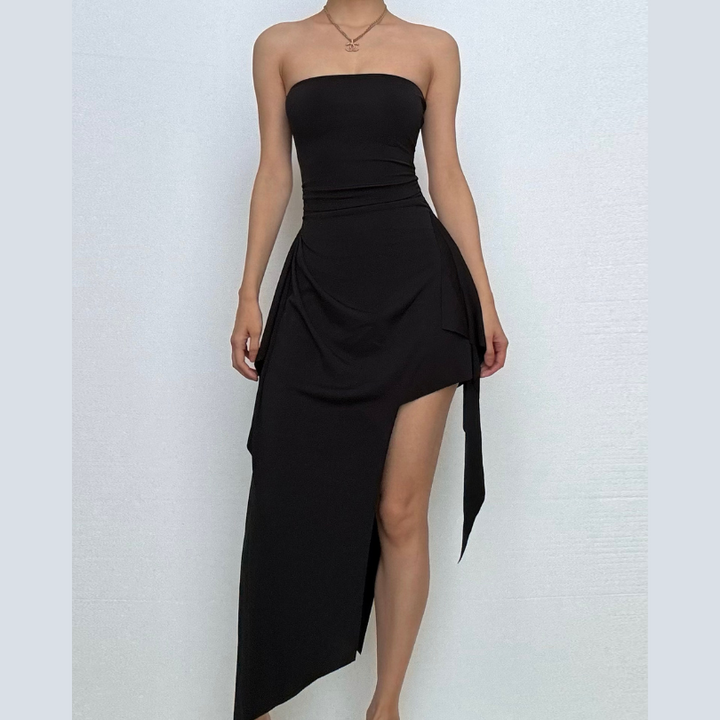 Irregular pleated off shoulder solid backless tube dress